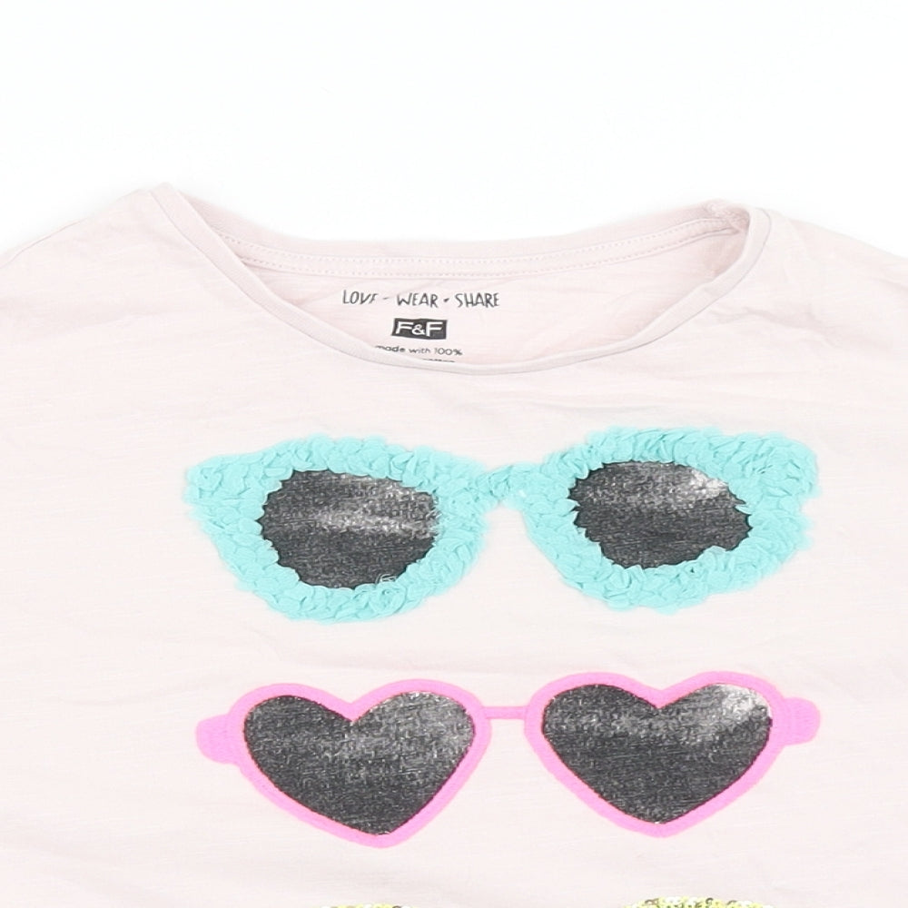 F&F Girls Pink  100% Cotton Cropped T-Shirt Size 9-10 Years Round Neck Pullover - Sunglasses, Summer Fun