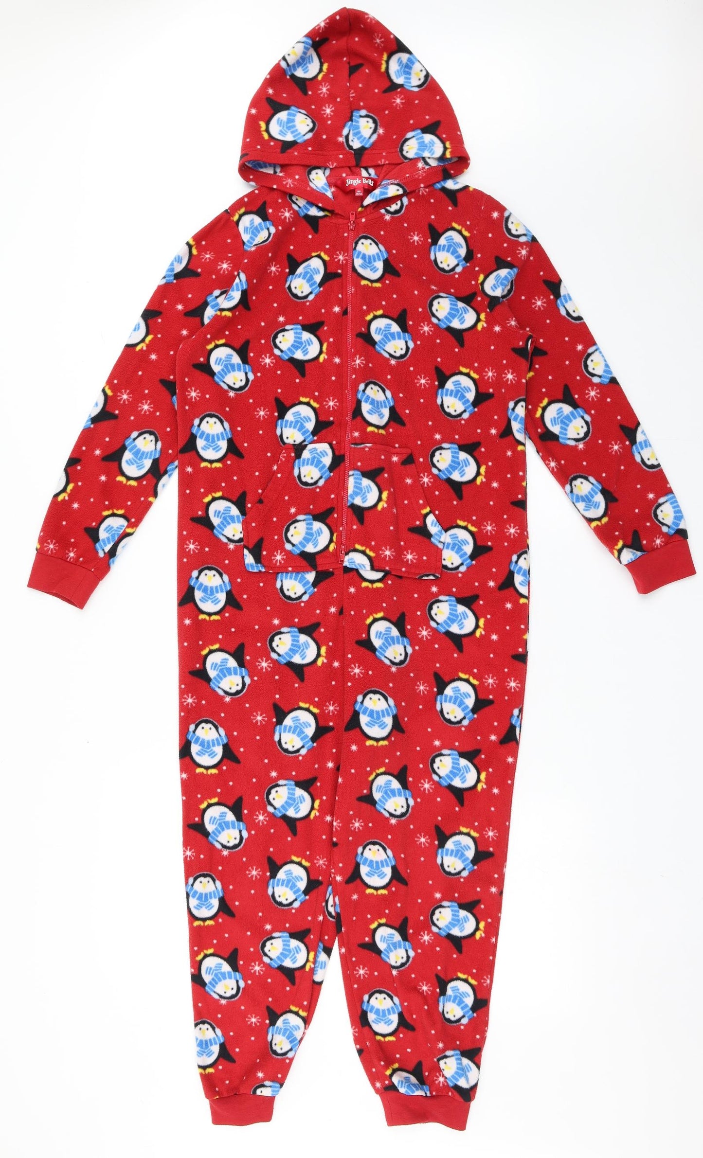 Jingle Bells Girls Red  100% Polyester Top One Piece Size 13-14 Years  Zip - Penguins