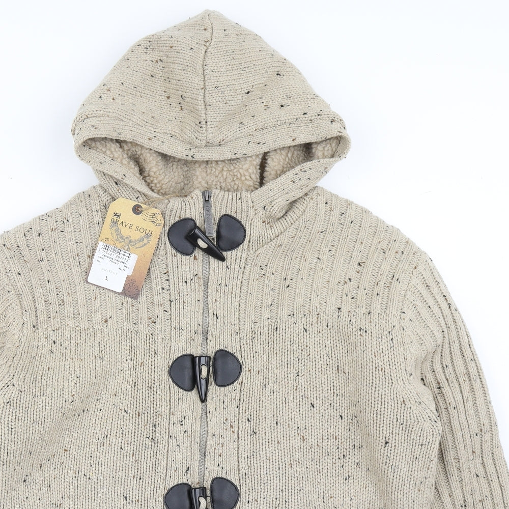 Brave Soul Mens Beige Round Neck  Polyester Cardigan Jumper Size L