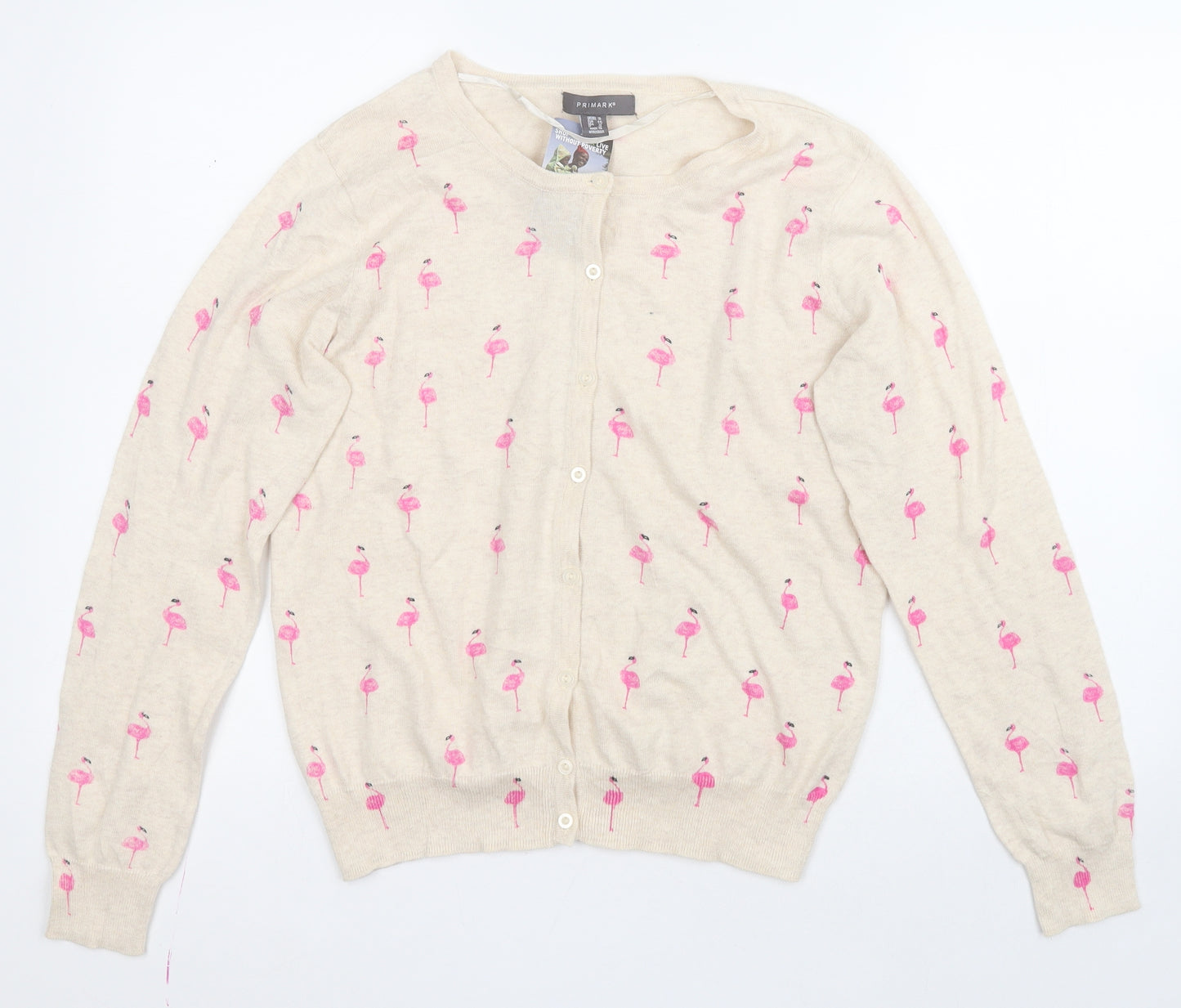 Primark Womens Beige Round Neck Animal Print 100% Cotton Cardigan Jumper Size 16   - Flamingo pattern