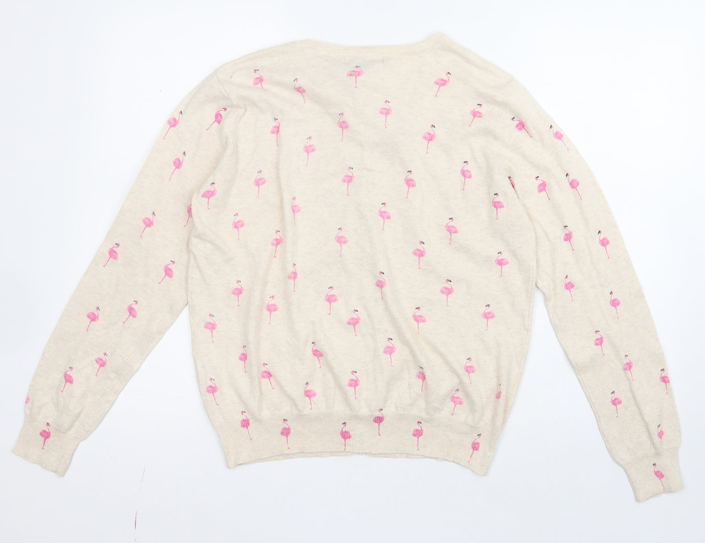Primark Womens Beige Round Neck Animal Print 100% Cotton Cardigan Jumper Size 16   - Flamingo pattern