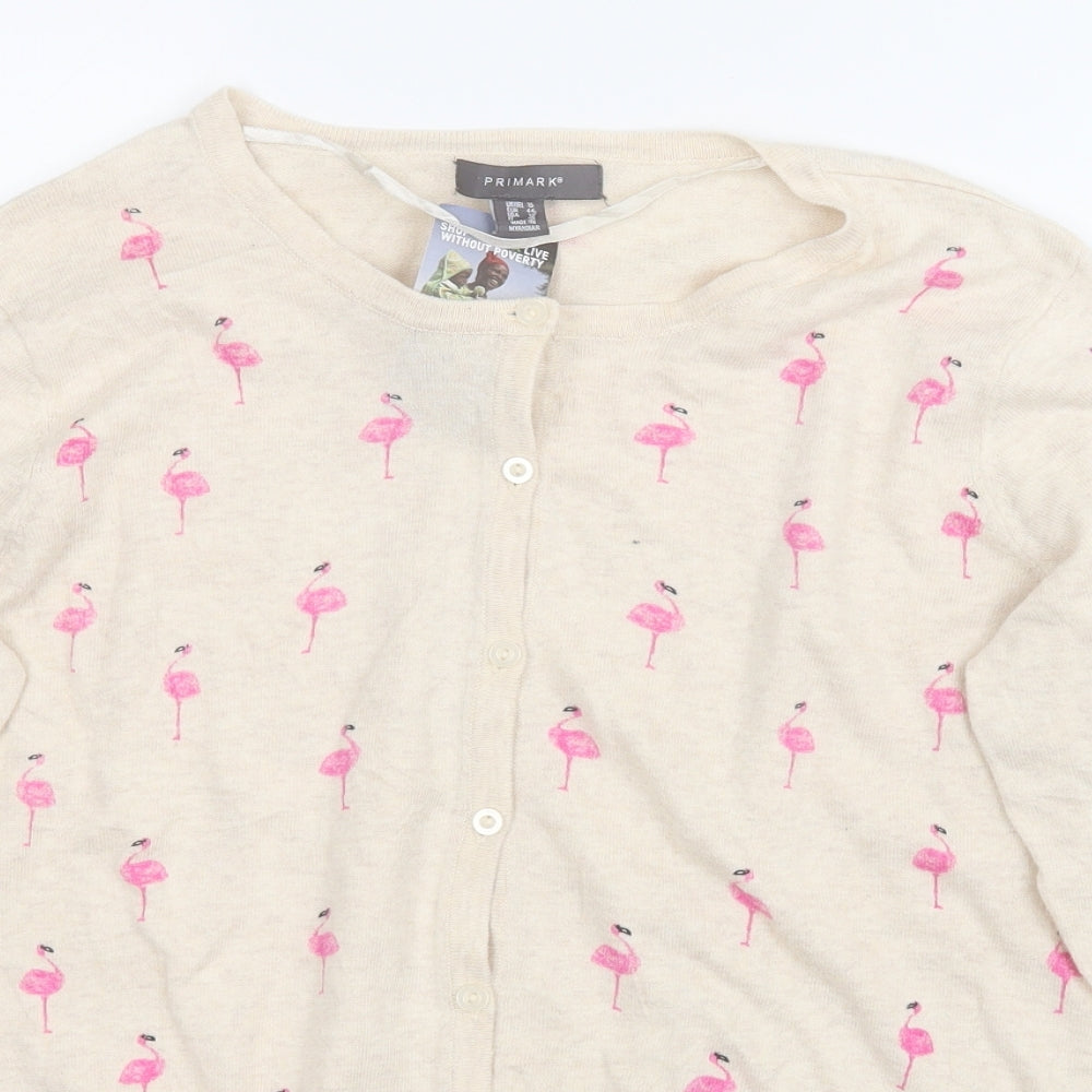 Primark Womens Beige Round Neck Animal Print 100% Cotton Cardigan Jumper Size 16   - Flamingo pattern