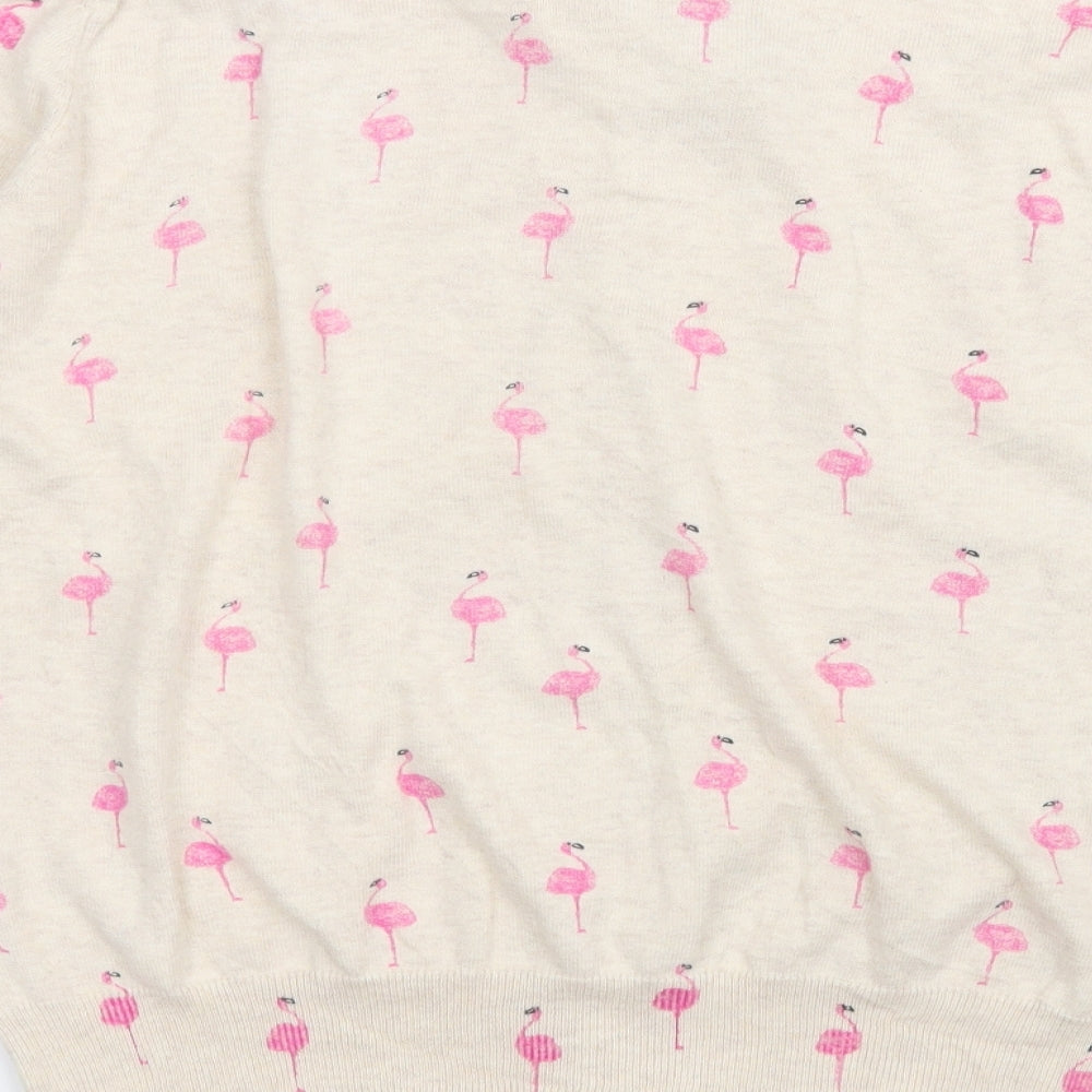 Primark Womens Beige Round Neck Animal Print 100% Cotton Cardigan Jumper Size 16   - Flamingo pattern