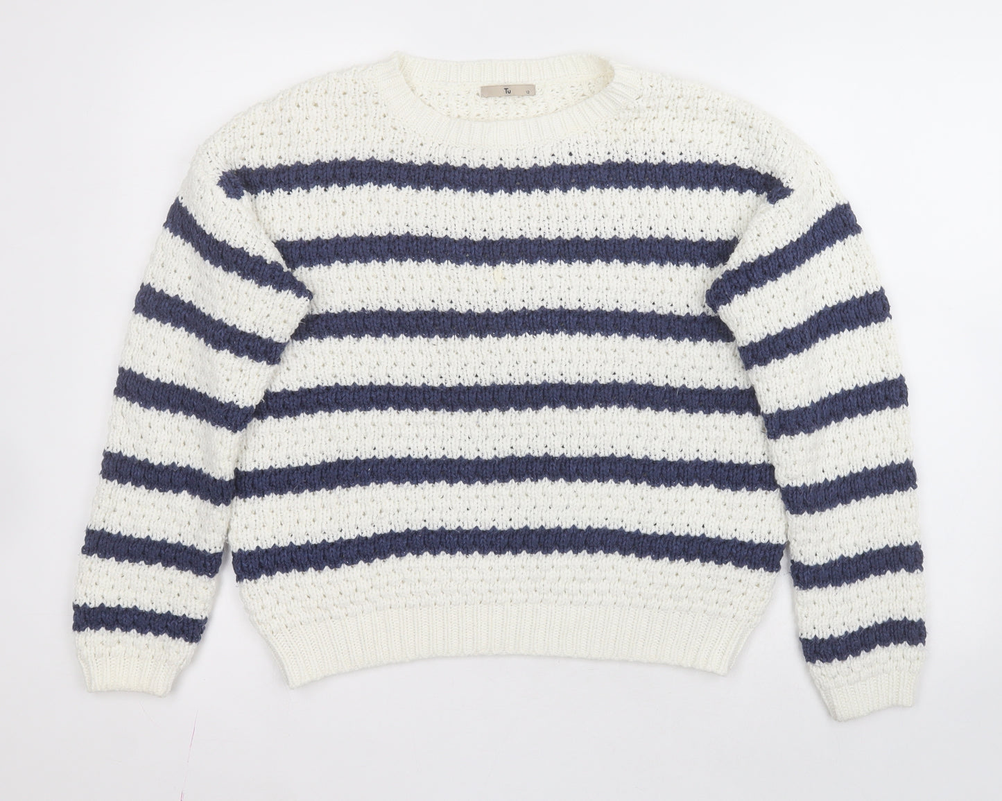 TU Womens Multicoloured Round Neck Striped Acrylic Pullover Jumper Size 12   - Cream and blue stripes