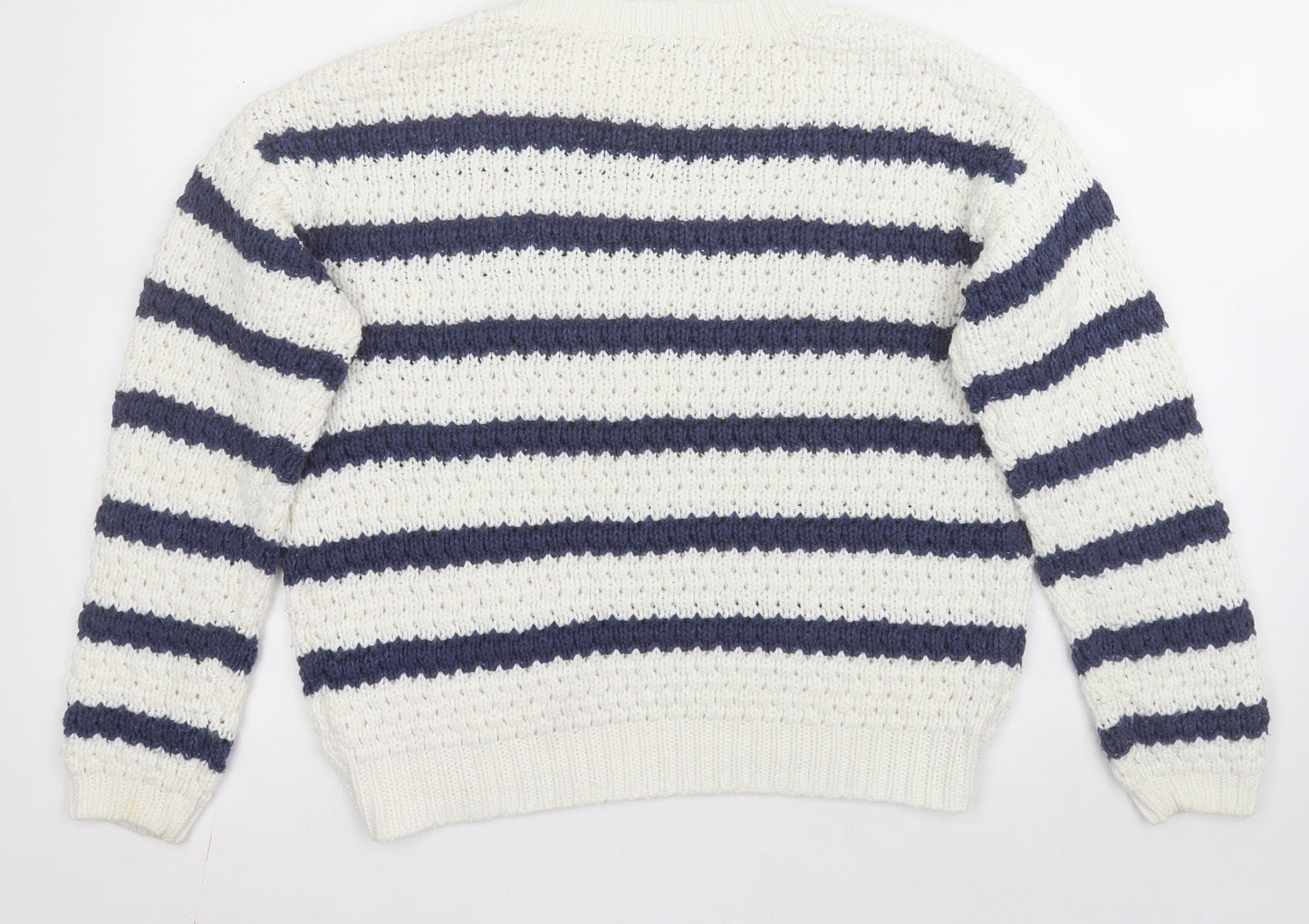 TU Womens Multicoloured Round Neck Striped Acrylic Pullover Jumper Size 12   - Cream and blue stripes