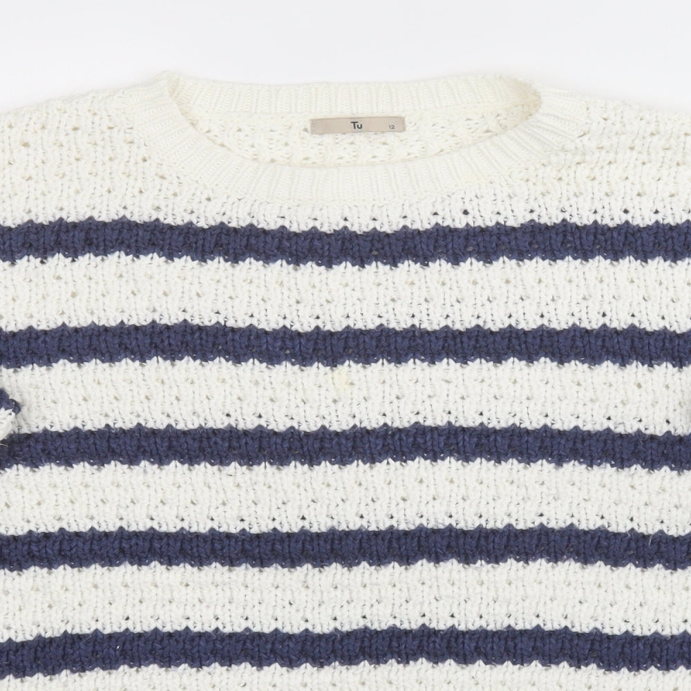 TU Womens Multicoloured Round Neck Striped Acrylic Pullover Jumper Size 12   - Cream and blue stripes