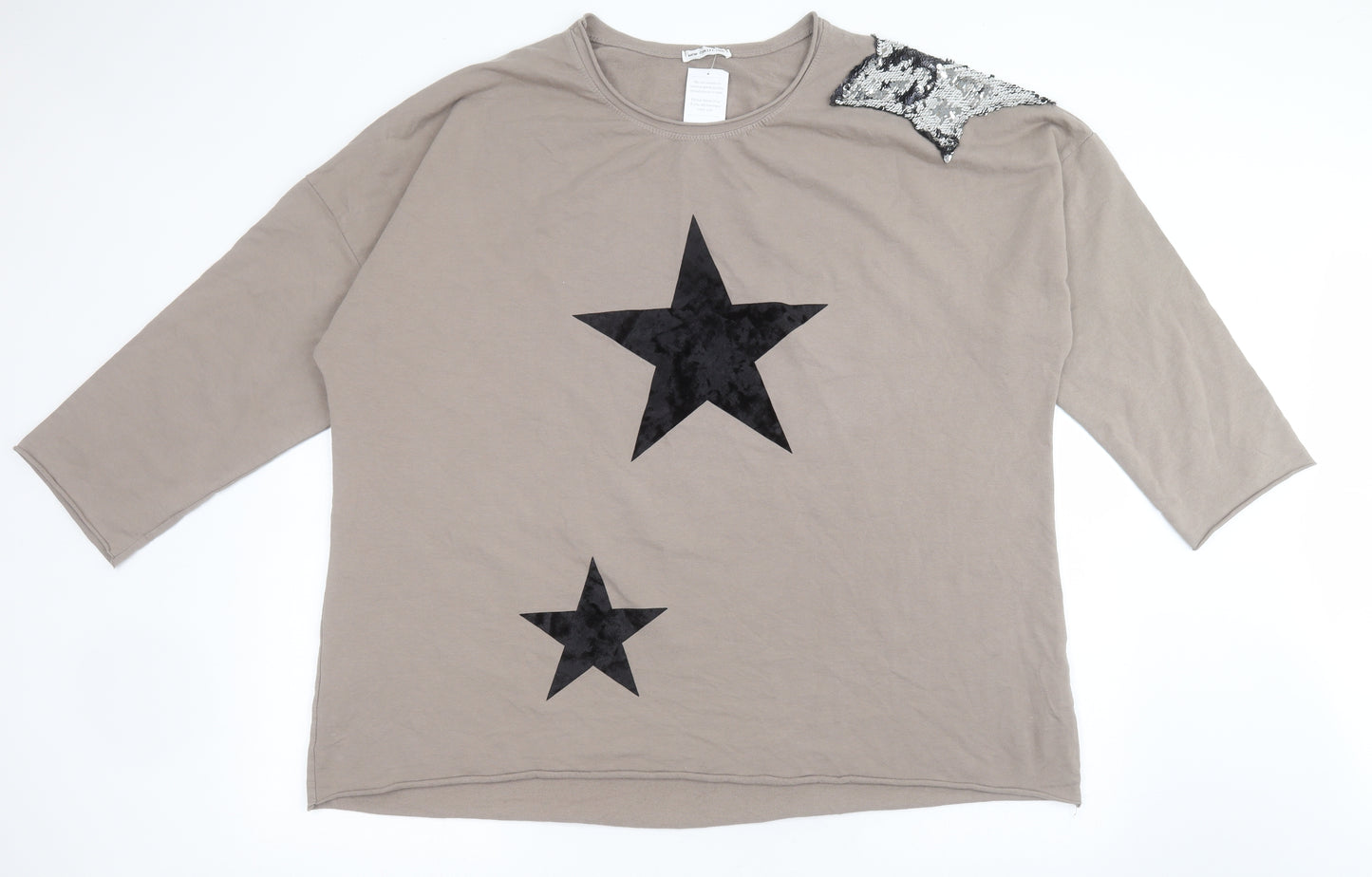 New Collection Womens Beige  Cotton Jersey T-Shirt Size 2XL Round Neck - Velour and sequin stars