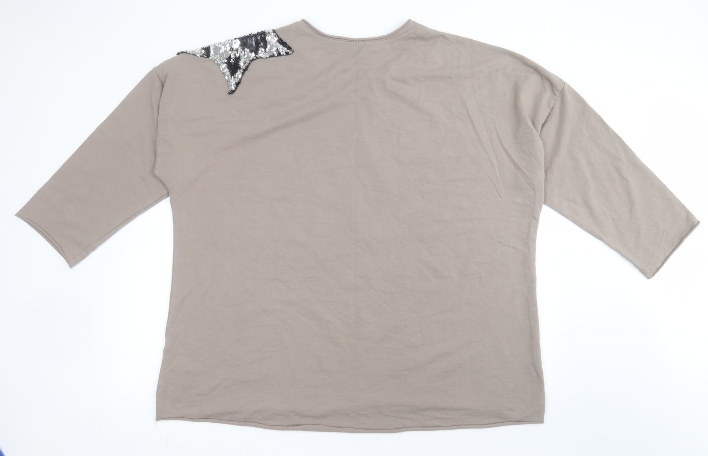 New Collection Womens Beige  Cotton Jersey T-Shirt Size 2XL Round Neck - Velour and sequin stars