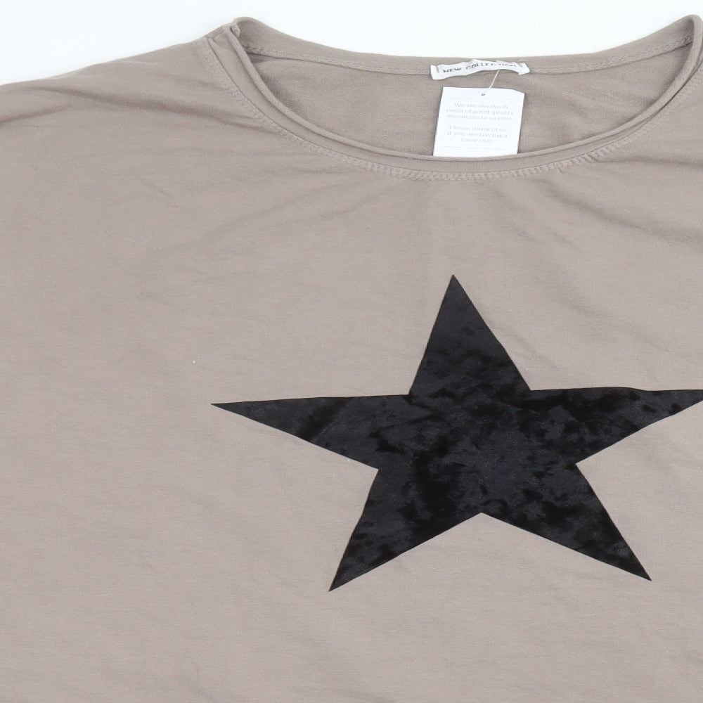 New Collection Womens Beige  Cotton Jersey T-Shirt Size 2XL Round Neck - Velour and sequin stars