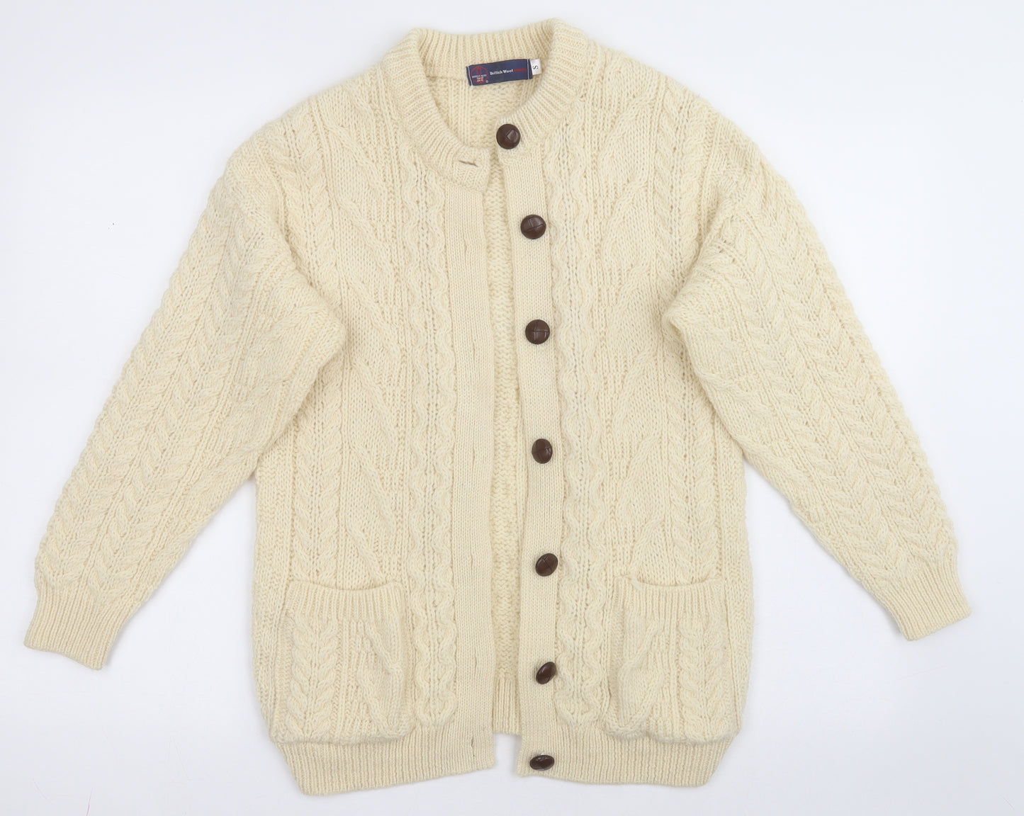 British Wool Naturally Womens Beige Round Neck  100% Wool Cardigan Jumper Size S   - Button down