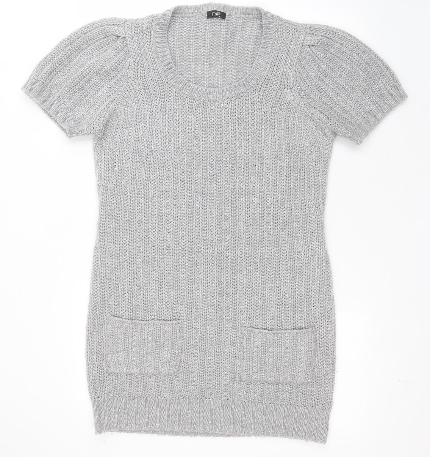 F&F Womens Grey  Acrylic Jumper Dress  Size 14  Round Neck  - Glitter through knit