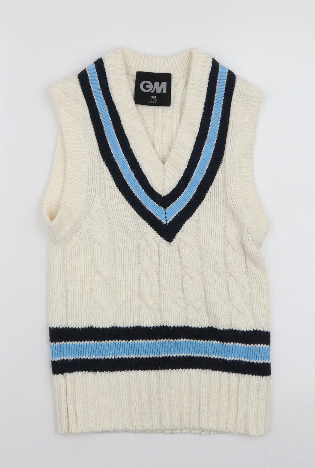 GM Womens White V-Neck Striped Acrylic Pullover Jumper Size S