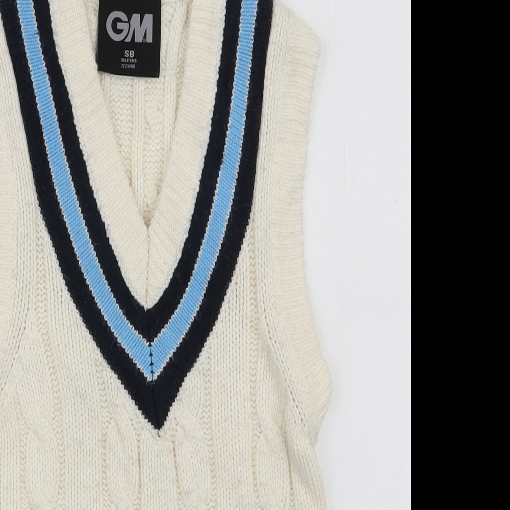 GM Womens White V-Neck Striped Acrylic Pullover Jumper Size S