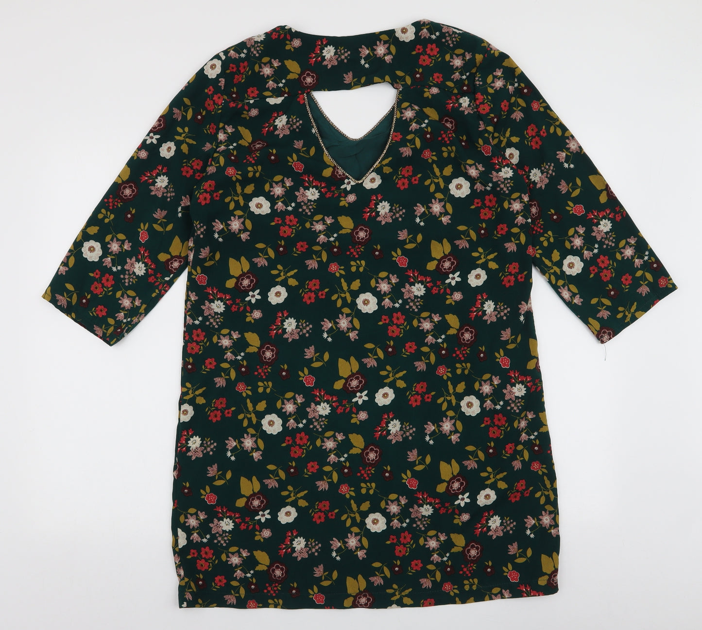 Lili & Lola Womens Green Floral Polyester A-Line  Size L  V-Neck Pullover