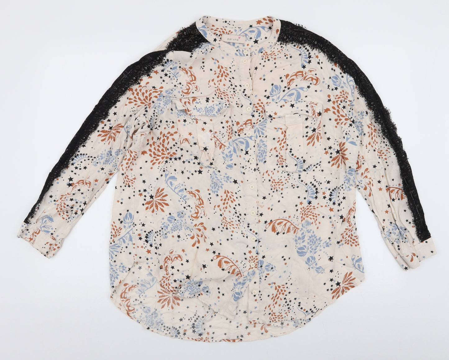 Marks and Spencer Womens Ivory Floral Viscose Basic Button-Up Size 16 Collared