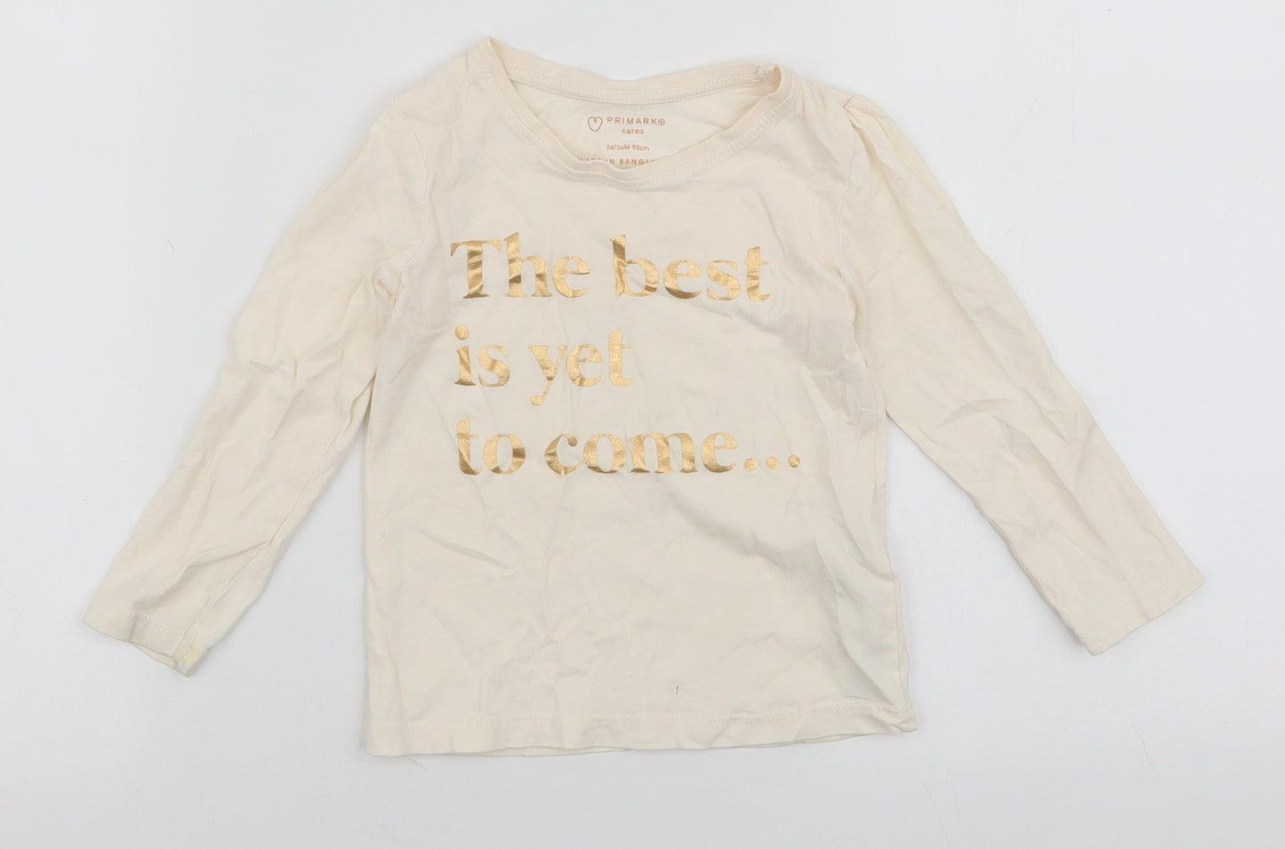 Primark Girls Ivory  100% Cotton Jersey T-Shirt Size 2-3 Years Round Neck Pullover