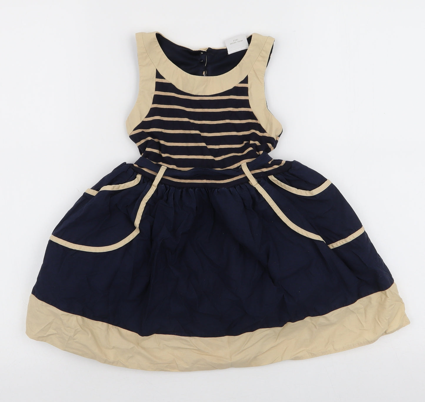 NEXT Girls Blue Striped Cotton Skater Dress  Size 6 Years  Round Neck Button