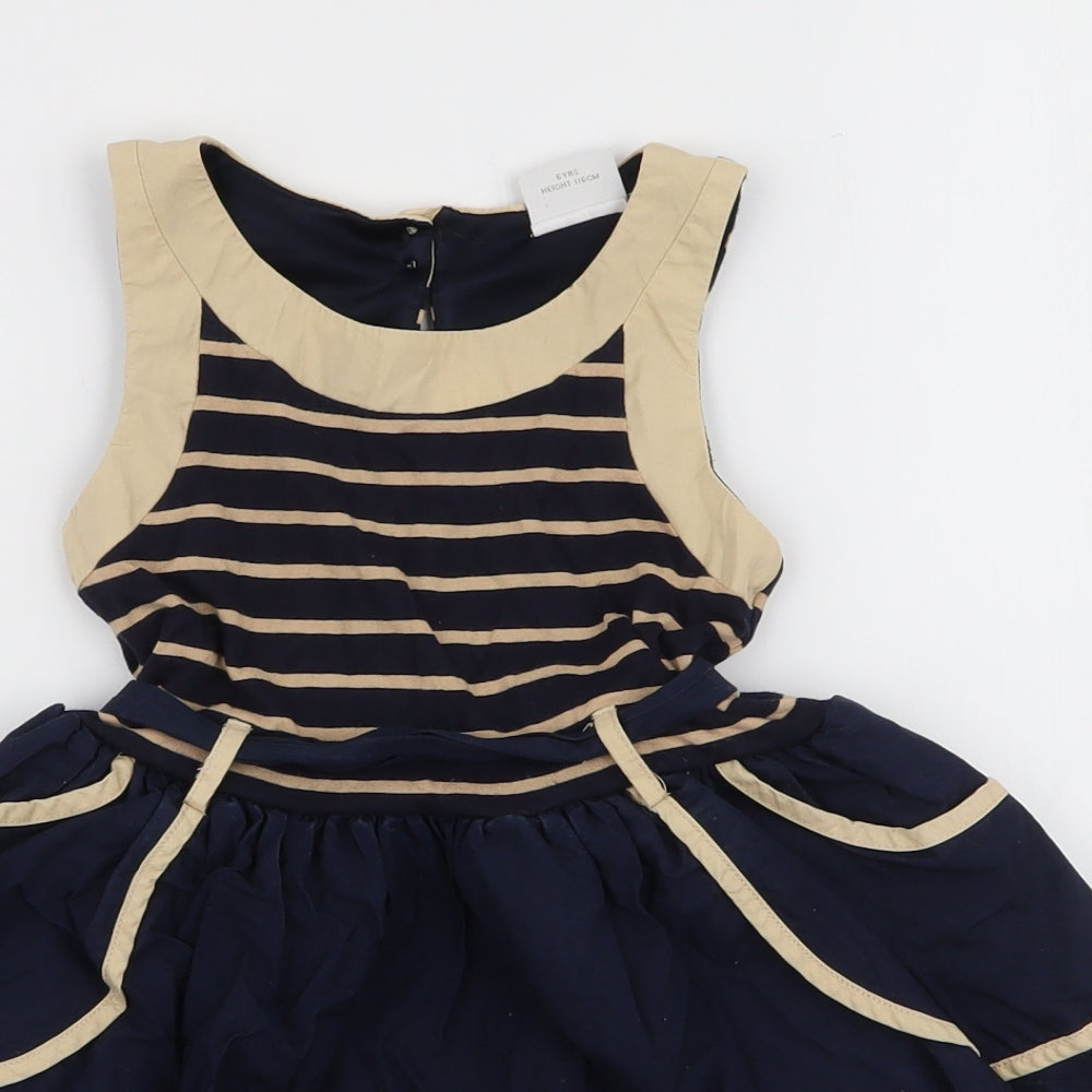 NEXT Girls Blue Striped Cotton Skater Dress  Size 6 Years  Round Neck Button