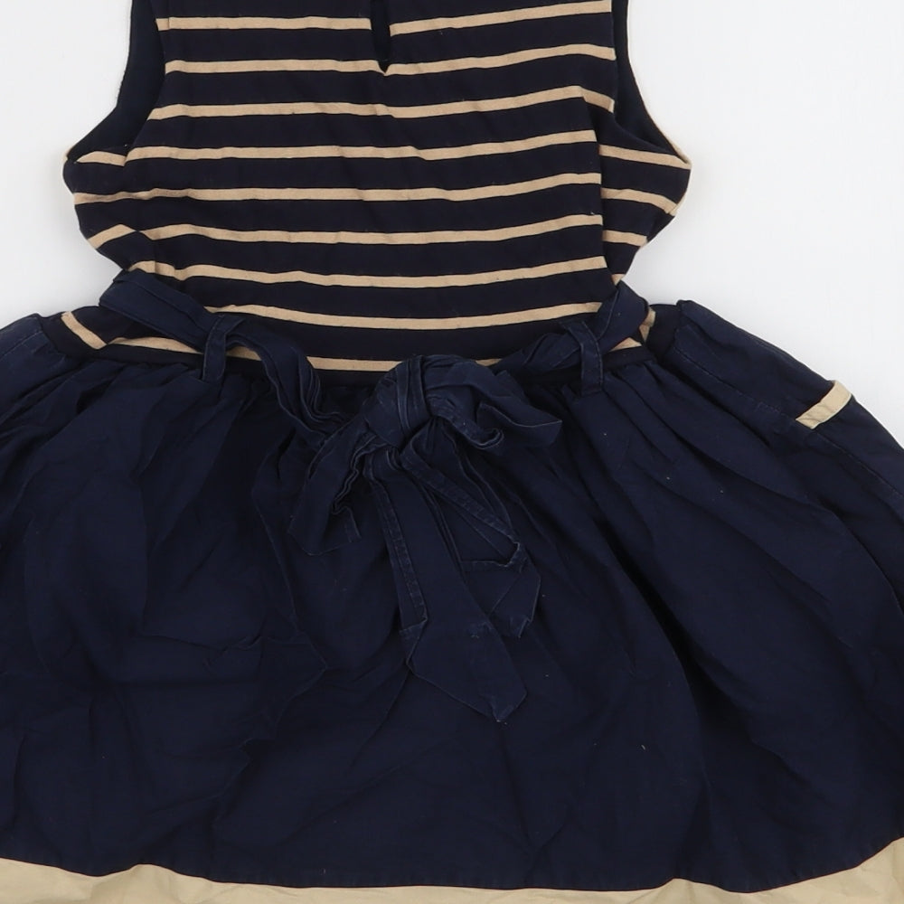 NEXT Girls Blue Striped Cotton Skater Dress  Size 6 Years  Round Neck Button