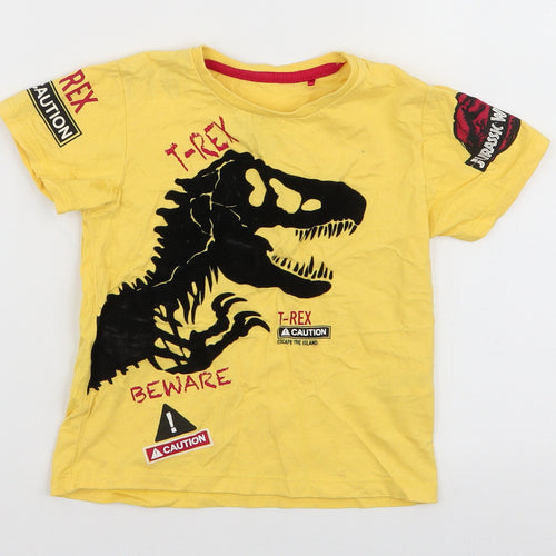 Jurassic World Boys Yellow  100% Cotton Jersey T-Shirt Size 3-4 Years Round Neck Pullover - T-Rex