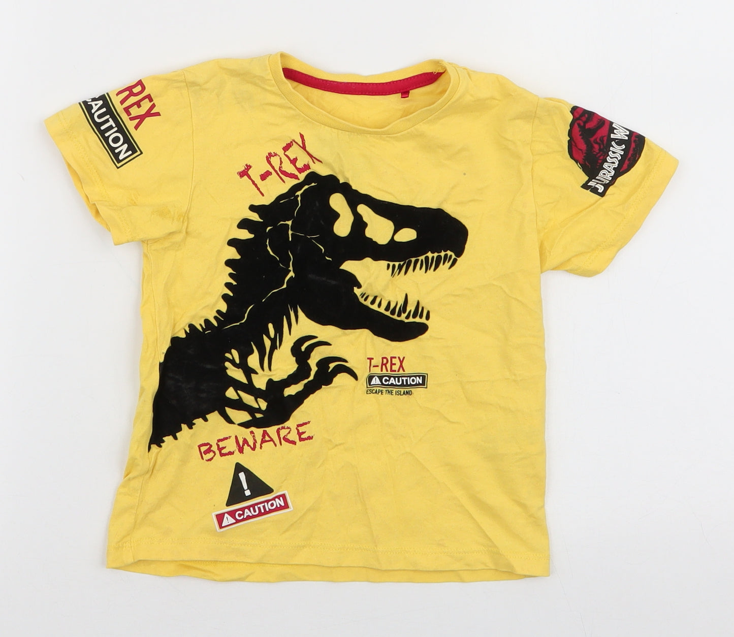 Jurassic World Boys Yellow  100% Cotton Jersey T-Shirt Size 3-4 Years Round Neck Pullover - T-Rex