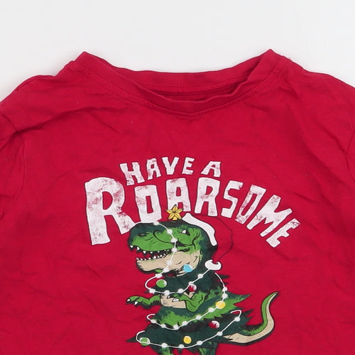 Primark Boys Red  100% Cotton Jersey T-Shirt Size 3-4 Years Round Neck Pullover - Dinosaur Christmas