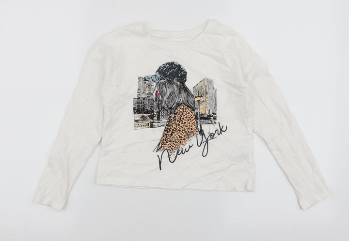 Dunnes Stores Girls White 100% Cotton Jersey T-Shirt Size 8-9 Years Round Neck Pullover - New York