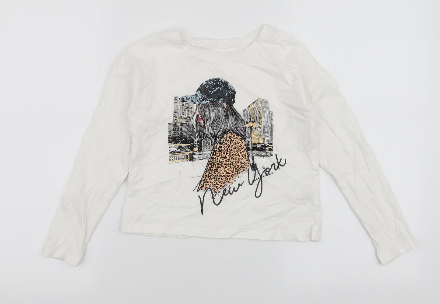 Dunnes Stores Girls White  100% Cotton Jersey T-Shirt Size 8-9 Years Round Neck Pullover - New York
