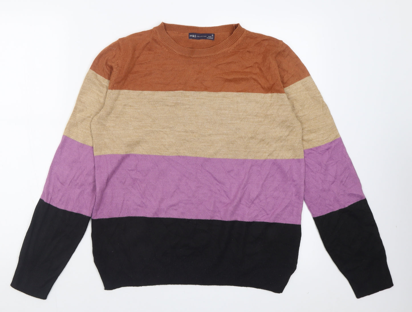Marks and Spencer Womens Brown Crew Neck Striped Acrylic Pullover Jumper Size 10