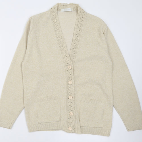 Classic Womens Beige V-Neck  Acrylic Cardigan Jumper Size M
