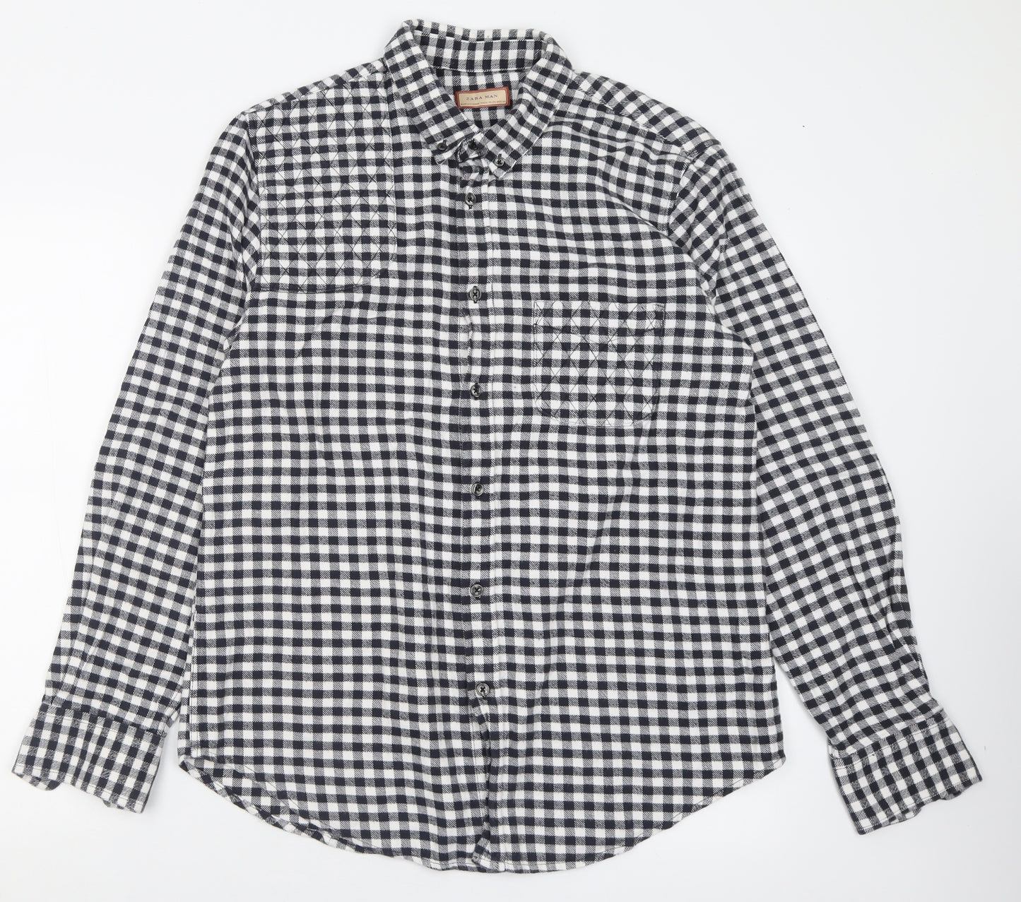 Zara Mens Black Check Cotton  Button-Up Size XL Collared Button
