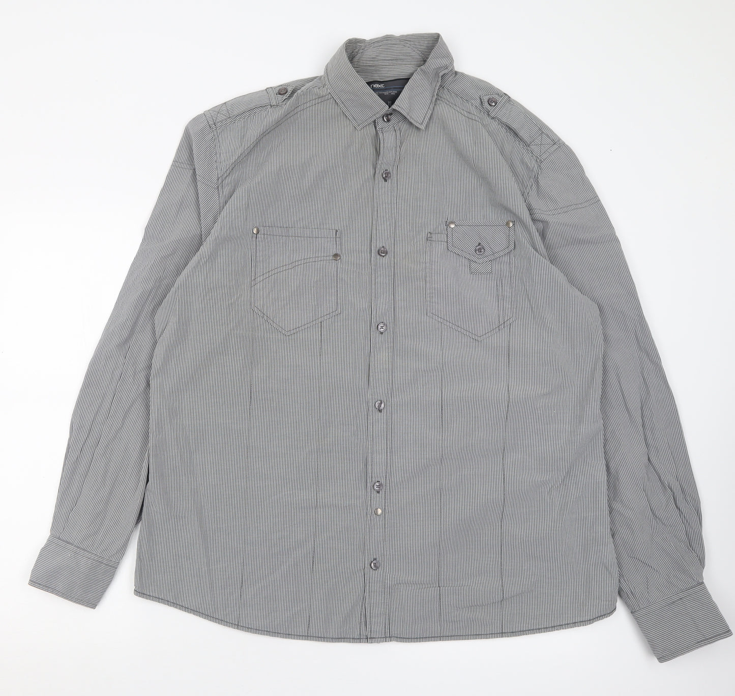 NEXT Mens Grey Plaid Cotton  Button-Up Size XL Collared Button