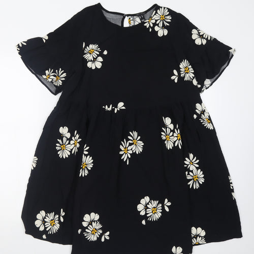 New Look Womens Black Floral Viscose Fit & Flare  Size 14  Crew Neck Button