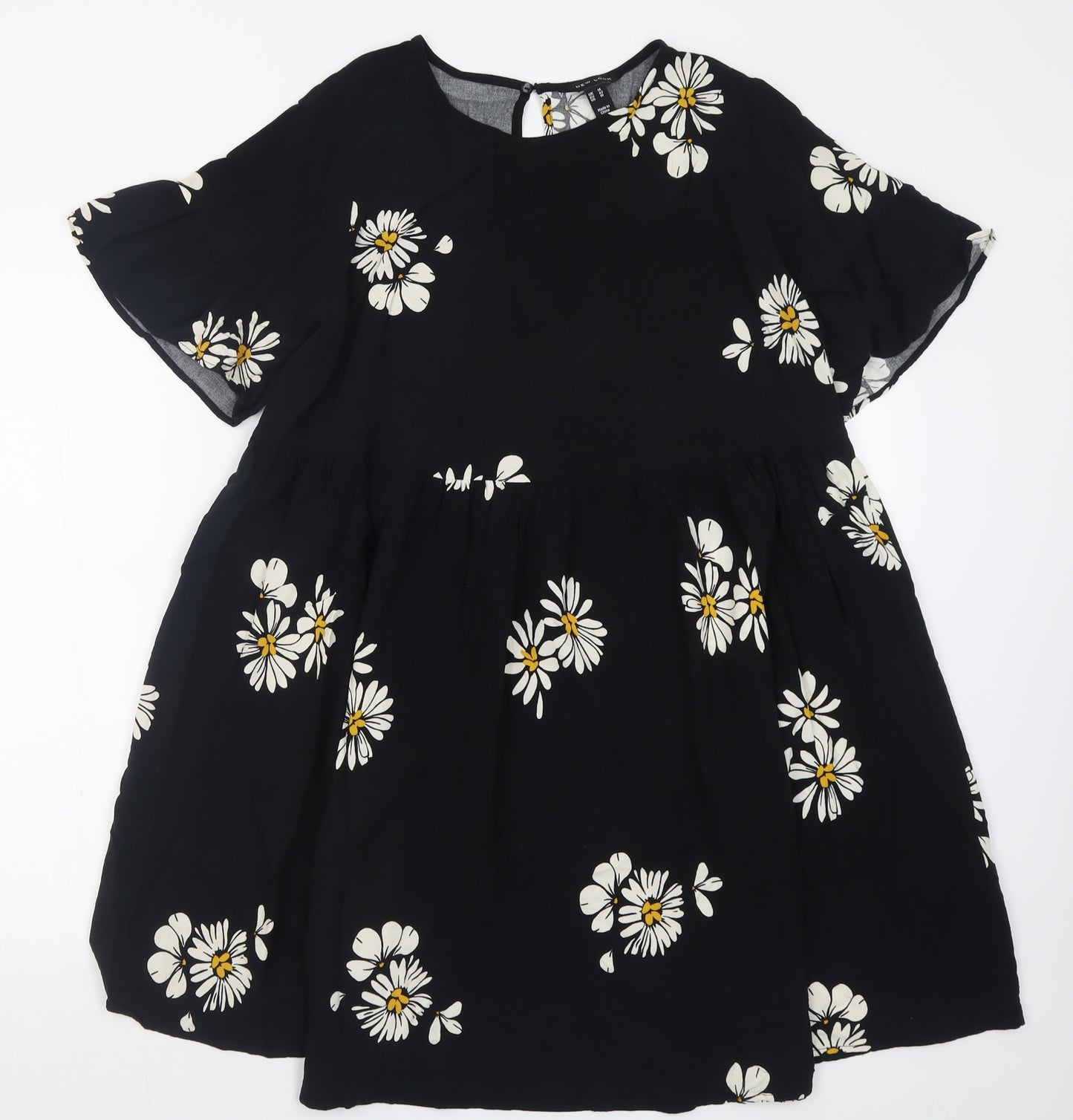 New Look Womens Black Floral Viscose Fit & Flare  Size 14  Crew Neck Button