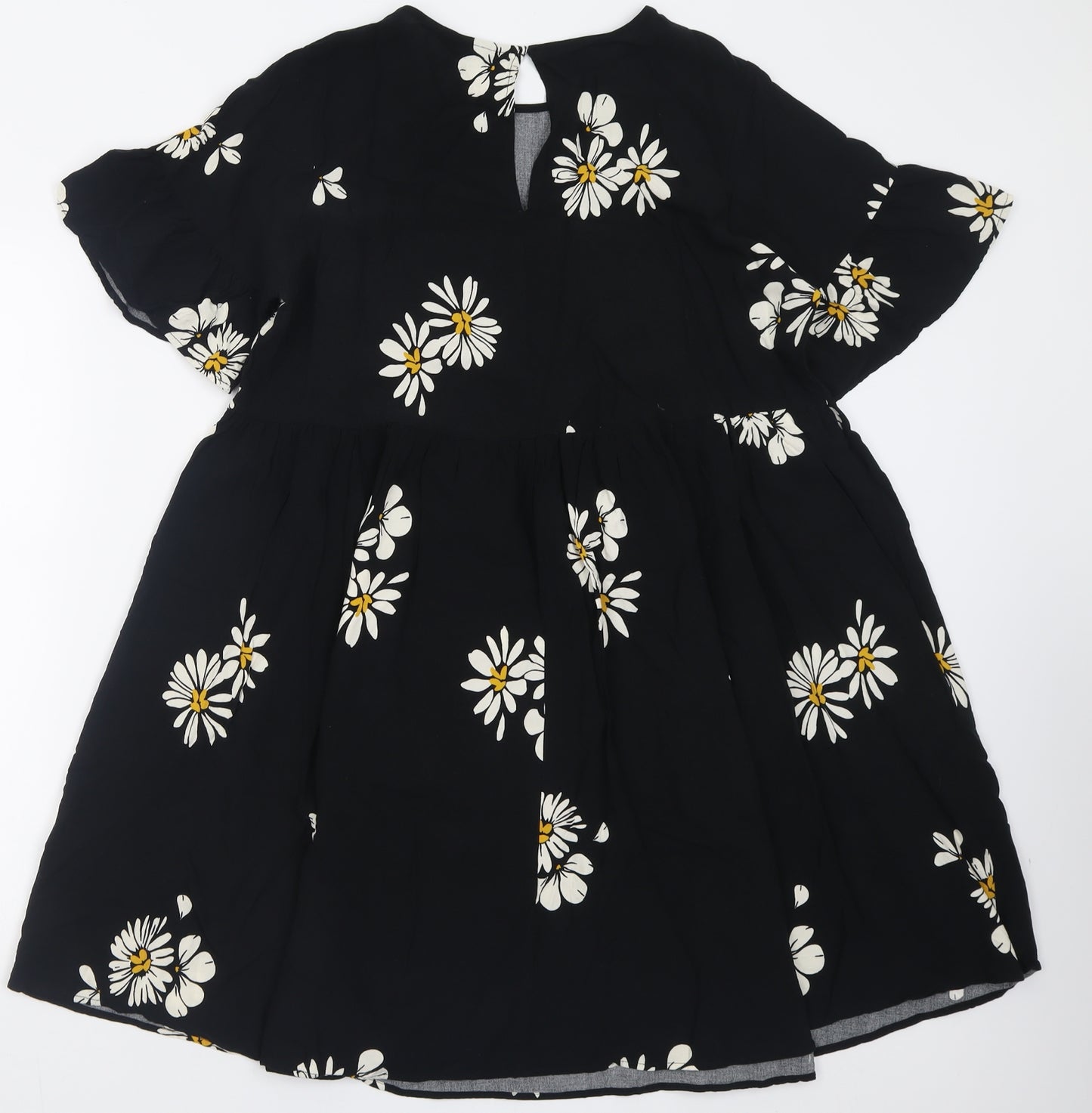 New Look Womens Black Floral Viscose Fit & Flare  Size 14  Crew Neck Button