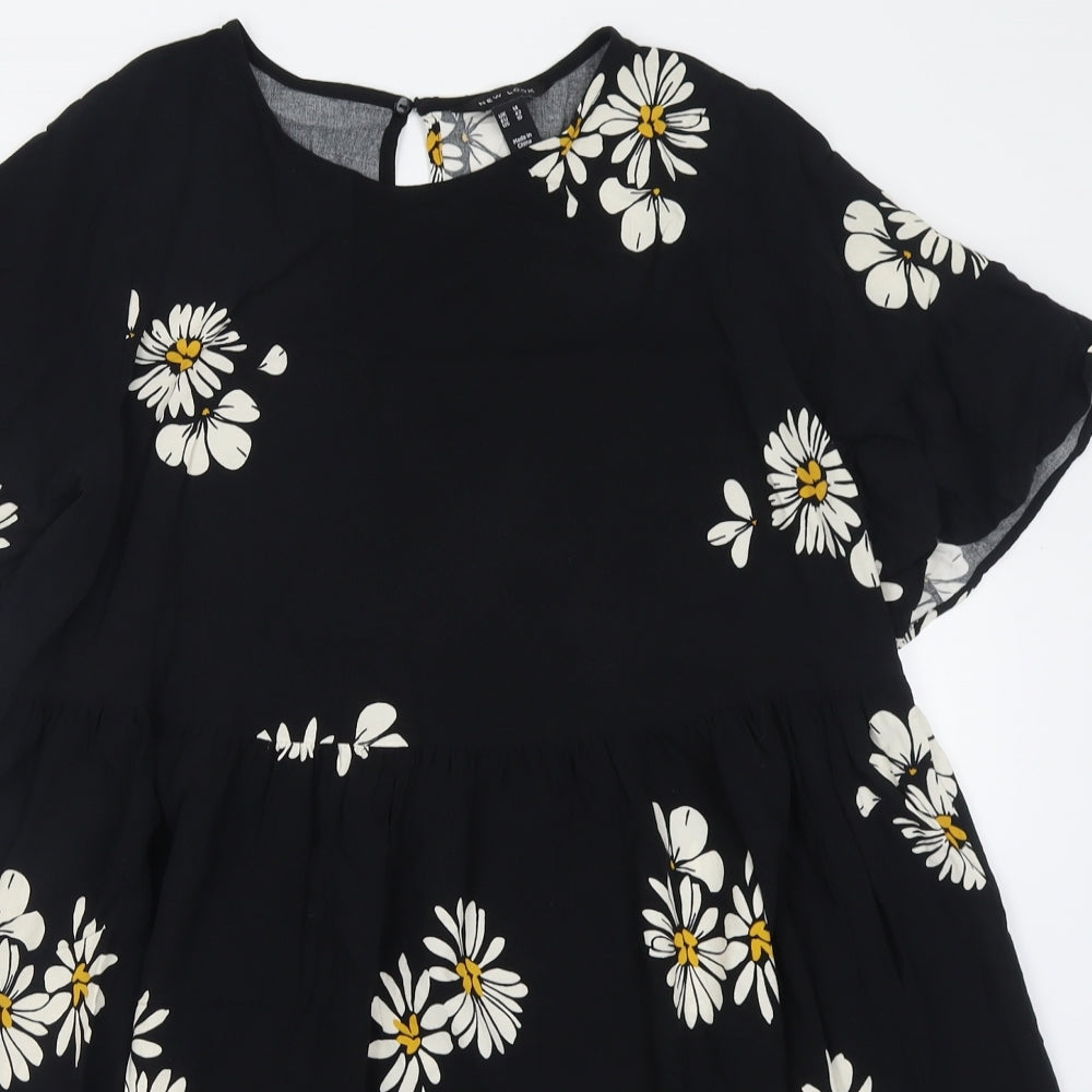 New Look Womens Black Floral Viscose Fit & Flare  Size 14  Crew Neck Button