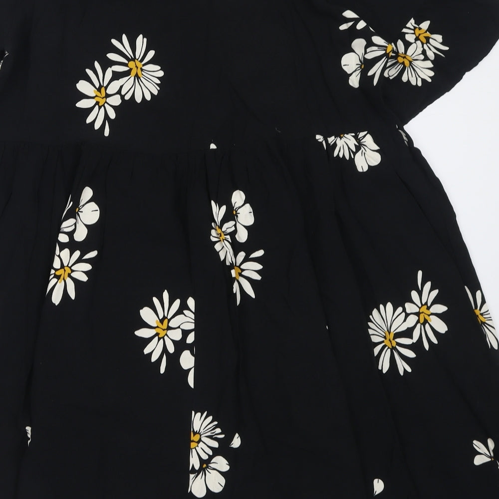 New Look Womens Black Floral Viscose Fit & Flare  Size 14  Crew Neck Button