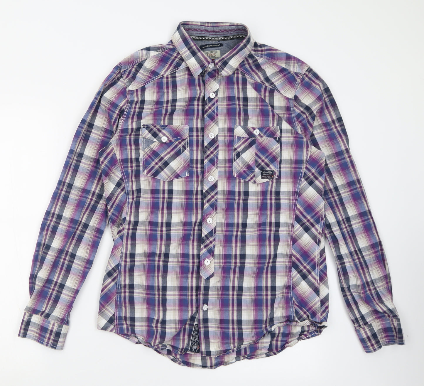 NEXT Mens Purple Check Cotton  Button-Up Size M Collared Button