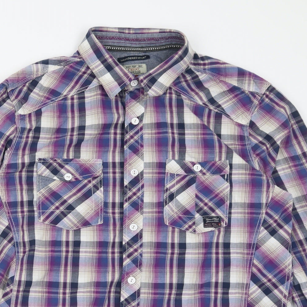 NEXT Mens Purple Check Cotton  Button-Up Size M Collared Button