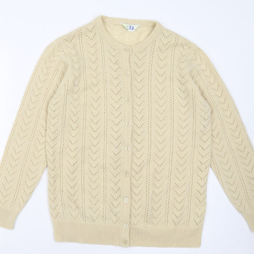 Classic Womens Ivory Crew Neck Geometric Acrylic Cardigan Jumper Size 12