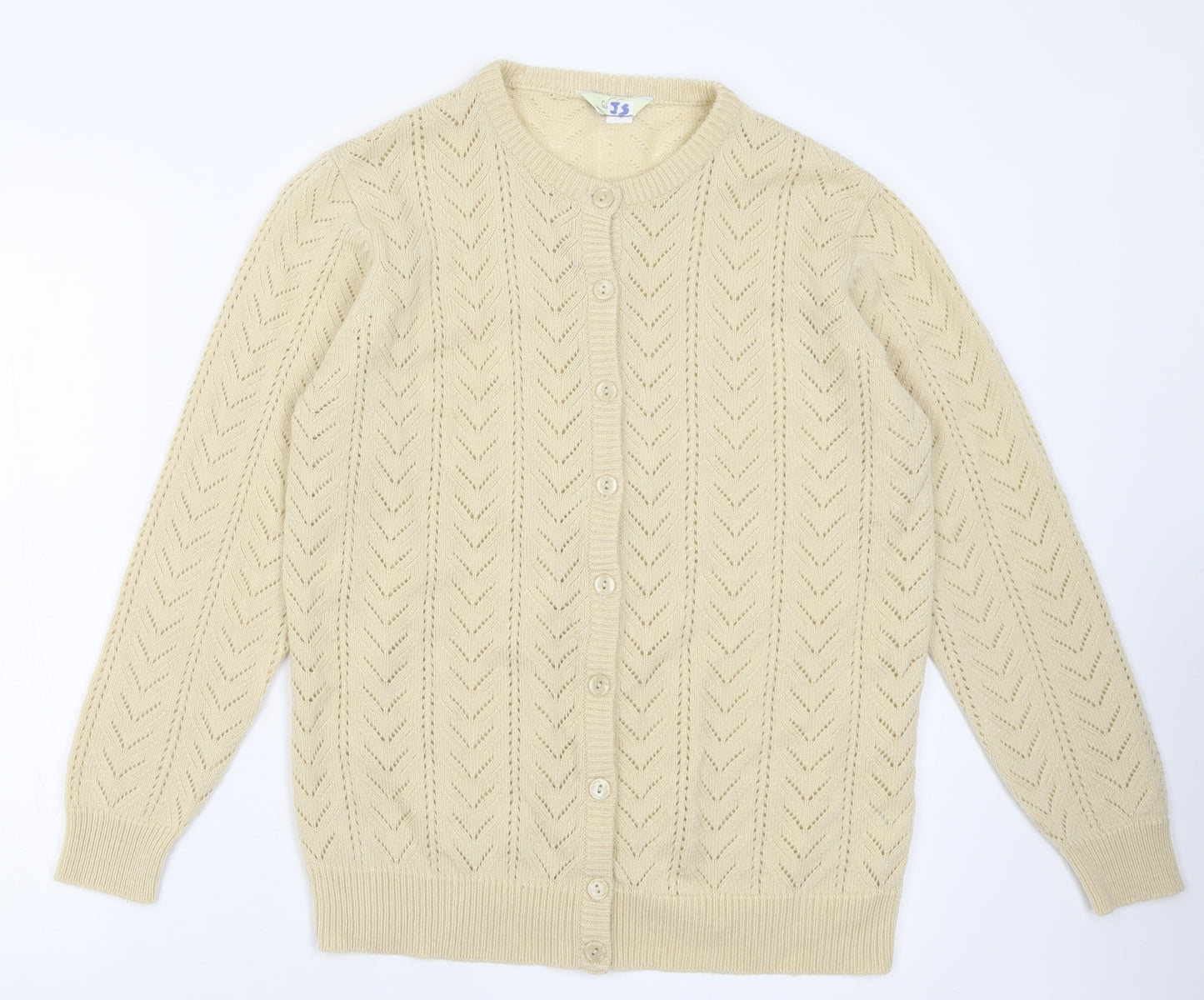 Classic Womens Ivory Crew Neck Geometric Acrylic Cardigan Jumper Size 12