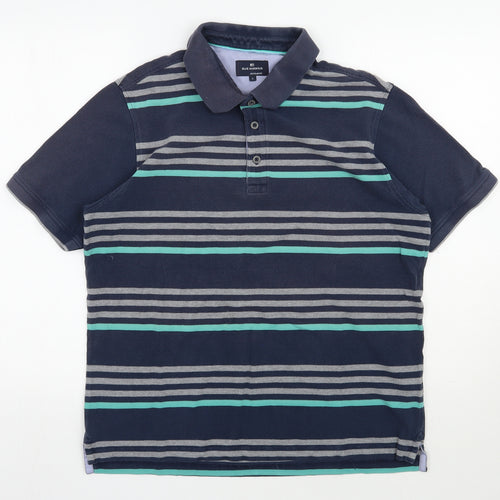 Blue Harbour Mens Blue Striped Cotton  Polo Size M Collared Button