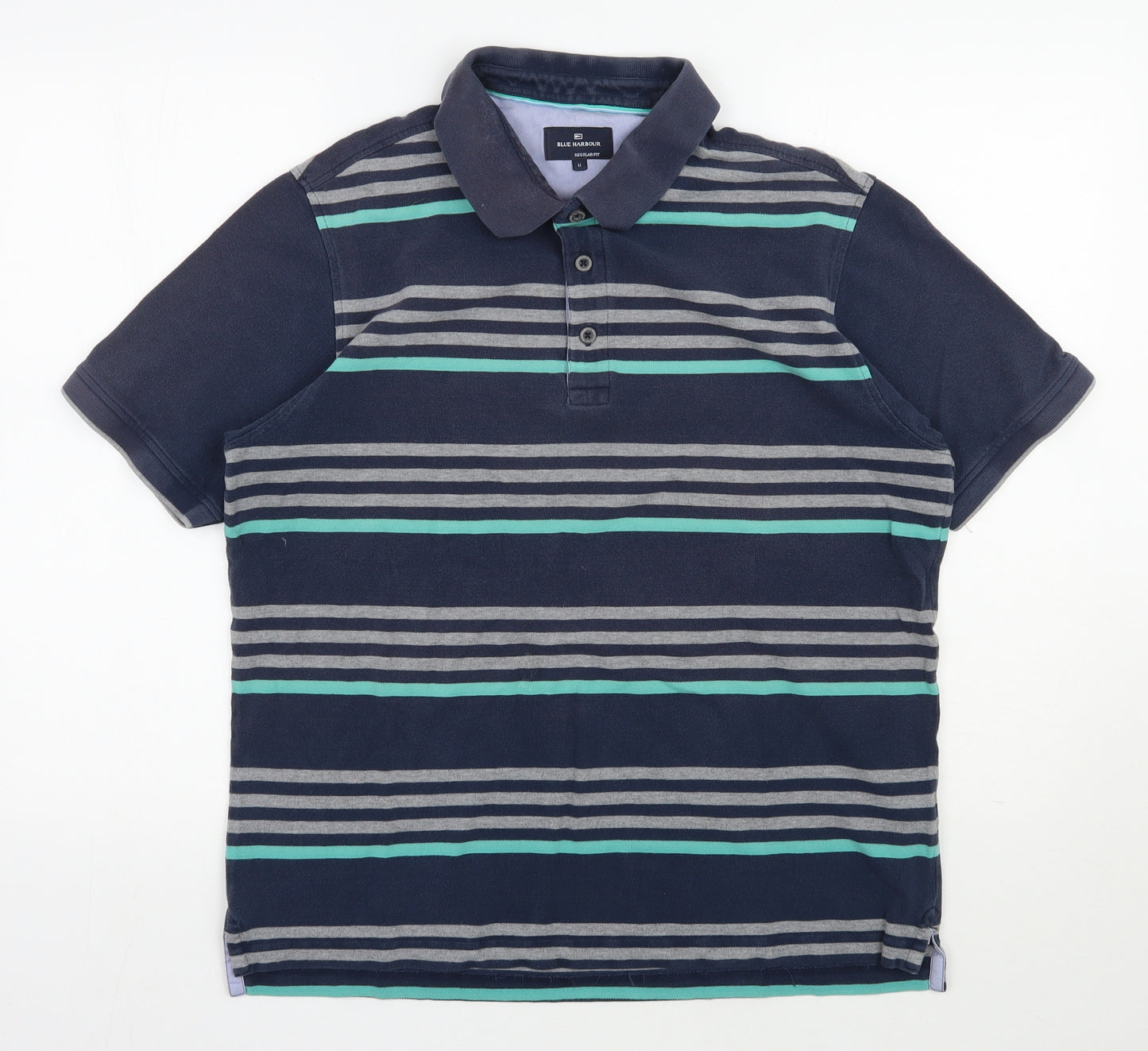 Blue Harbour Mens Blue Striped Cotton  Polo Size M Collared Button