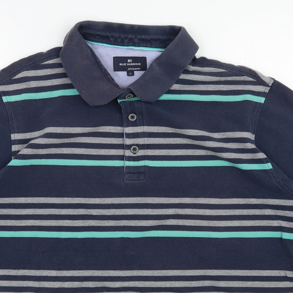 Blue Harbour Mens Blue Striped Cotton  Polo Size M Collared Button
