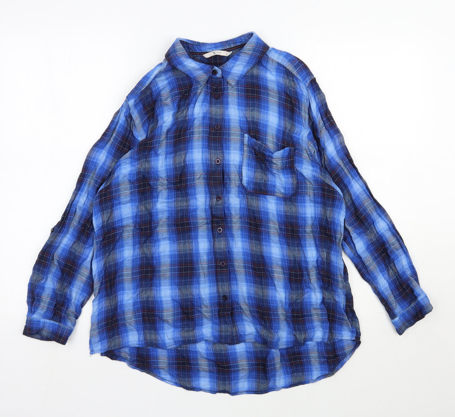 TU Womens Blue Plaid Viscose Basic Button-Up Size 16 Collared