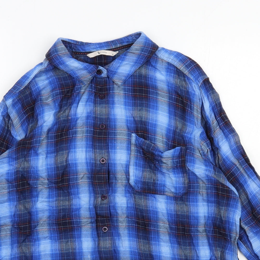 TU Womens Blue Plaid Viscose Basic Button-Up Size 16 Collared