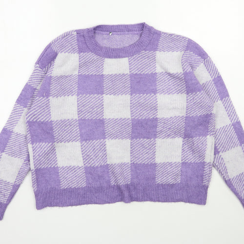 Primark Womens Purple Round Neck Check Acrylic Pullover Jumper Size 12