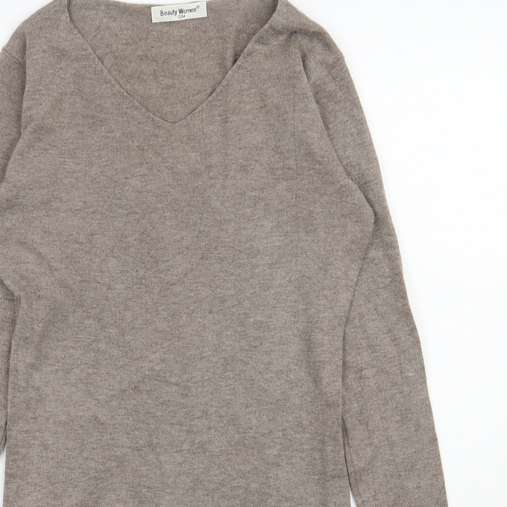 Beauty Womens Brown V-Neck  Viscose Pullover Jumper Size S