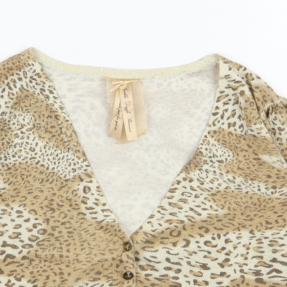 Evie  Womens Beige V-Neck Animal Print Viscose Cardigan Jumper Size 14