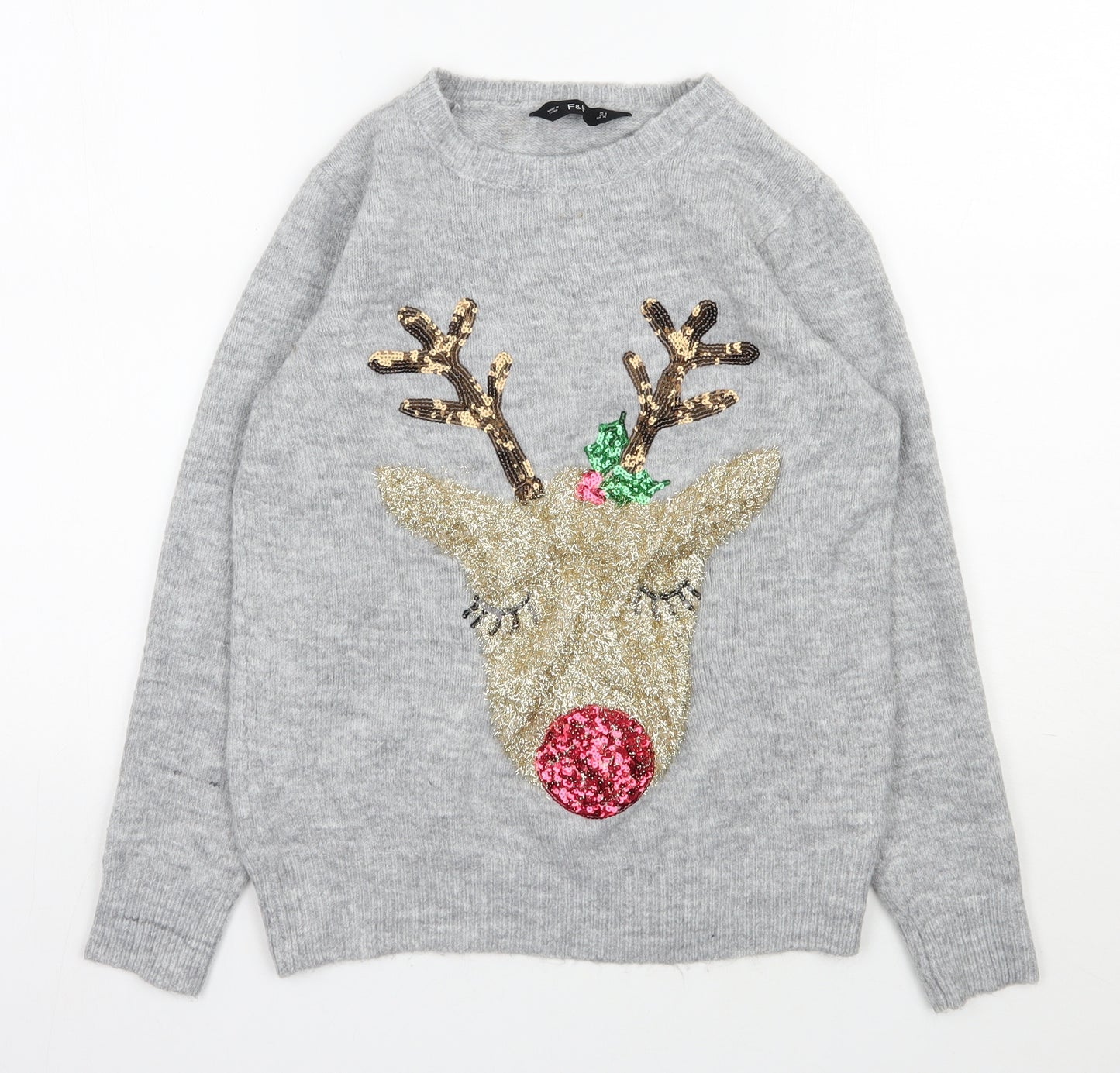 F&F Womens Grey Round Neck  Acrylic Pullover Jumper Size 8   - Christmas Jumper